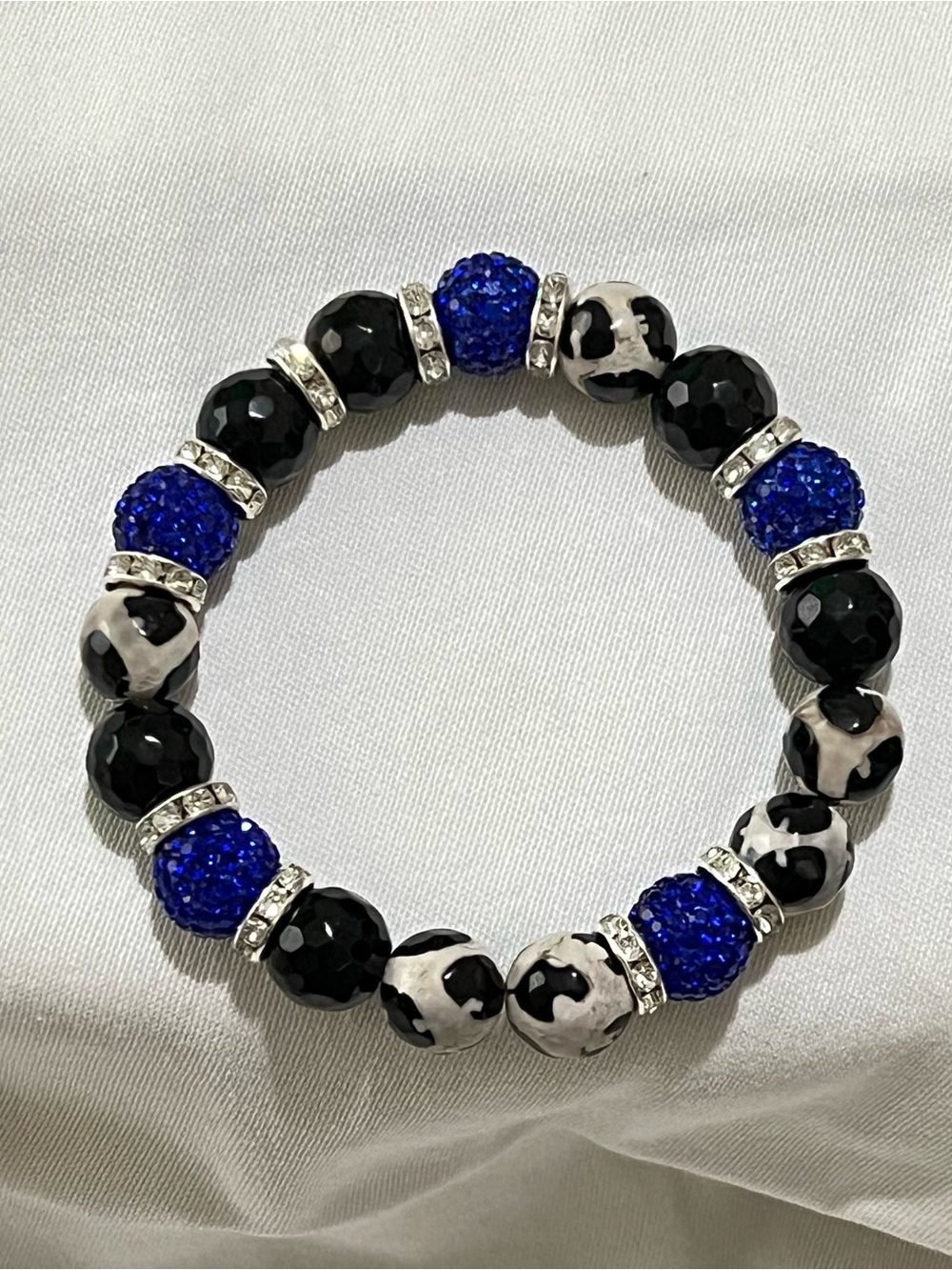 Blue and Black Beaded Stretch Bracelet with Rhinestone Accents